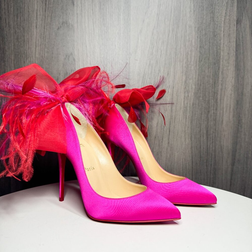 Louboutin Anemone Plume pink satin feather heels - Picture 4 of 10